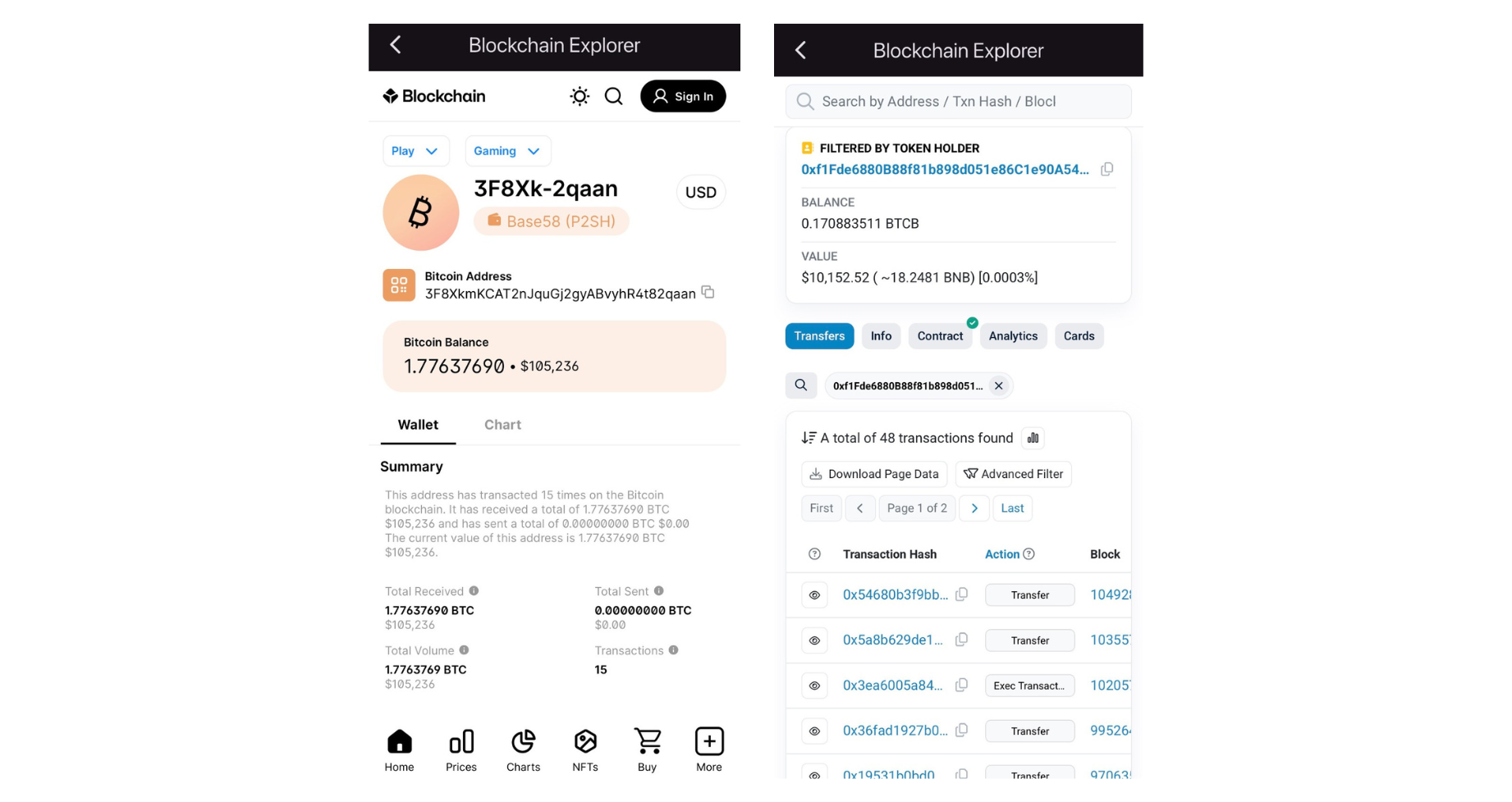 Wallet 1 & 2 on a public blockchain explorer — 1.77637690 BTC & 0.170883511 BTC adding up to 1.94726 BTC.