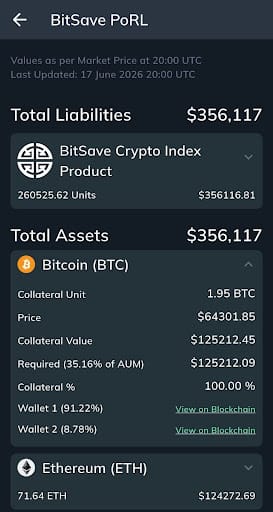 BitSave Proof of Reserves and Liabilities screen showing total assets of $356,117 equal to total liabilities, and 1.95 BTC of Bitcoin collateral split across Wallet 1 (91.22%) and Wallet 2 (8.78%) with View on Blockchain links.